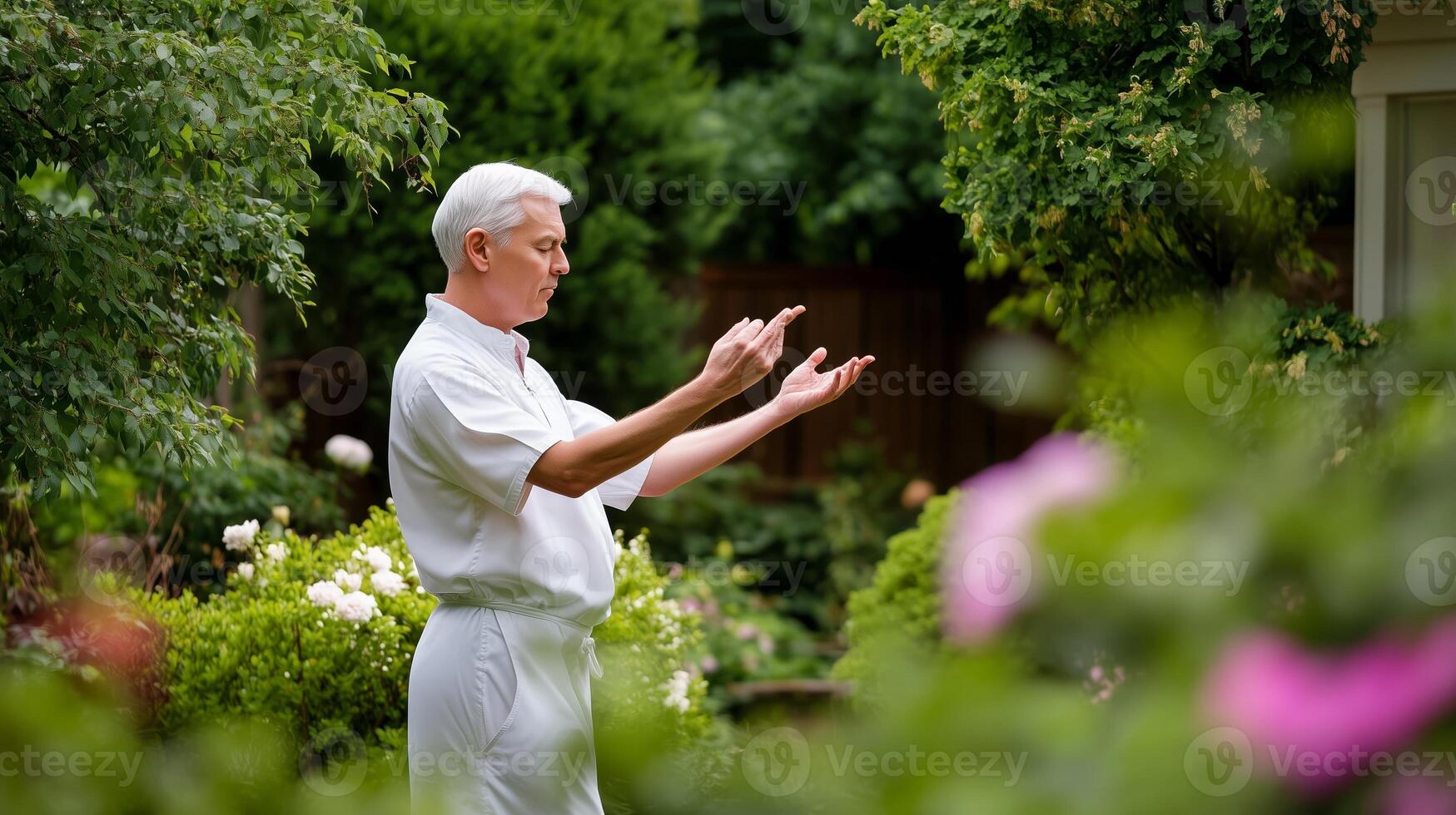 A man practices tai chi amidst lush garden greenery during a serene afternoon photo