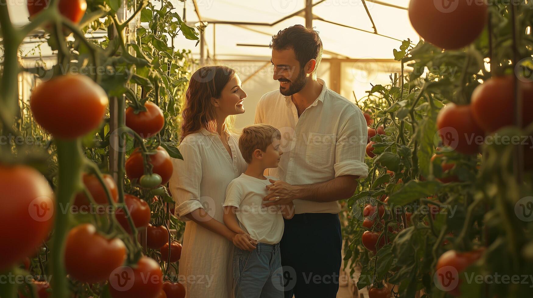 A family enjoys time together while harvesting ripe tomatoes in a sunlit greenhouse during the summer photo