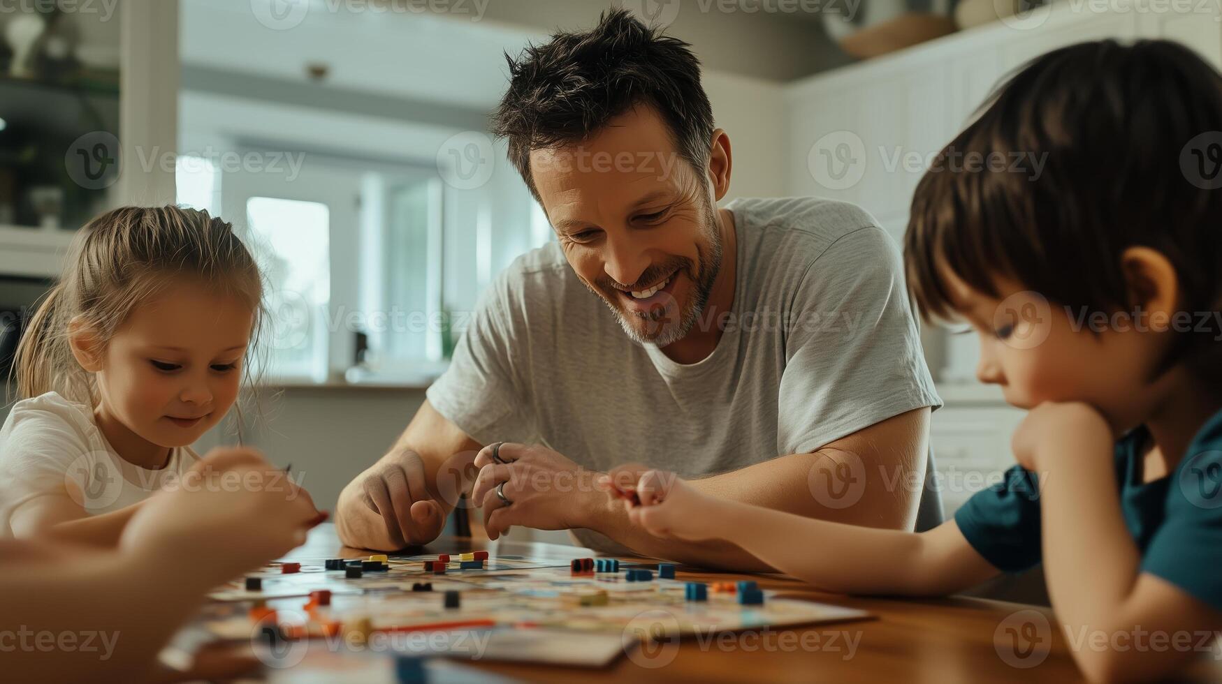 Family enjoys game night at home, engaging in strategy and fun with children while smiling and interacting together photo