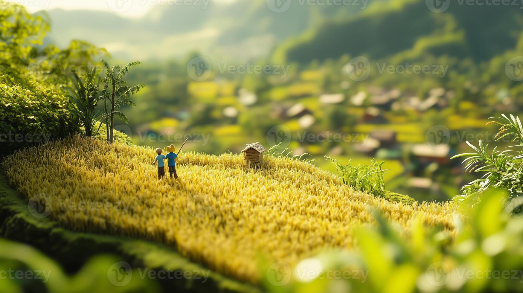 Farmers tending to a golden rice field in a lush rural area at sunrise, surrounded by mountains and greenery photo