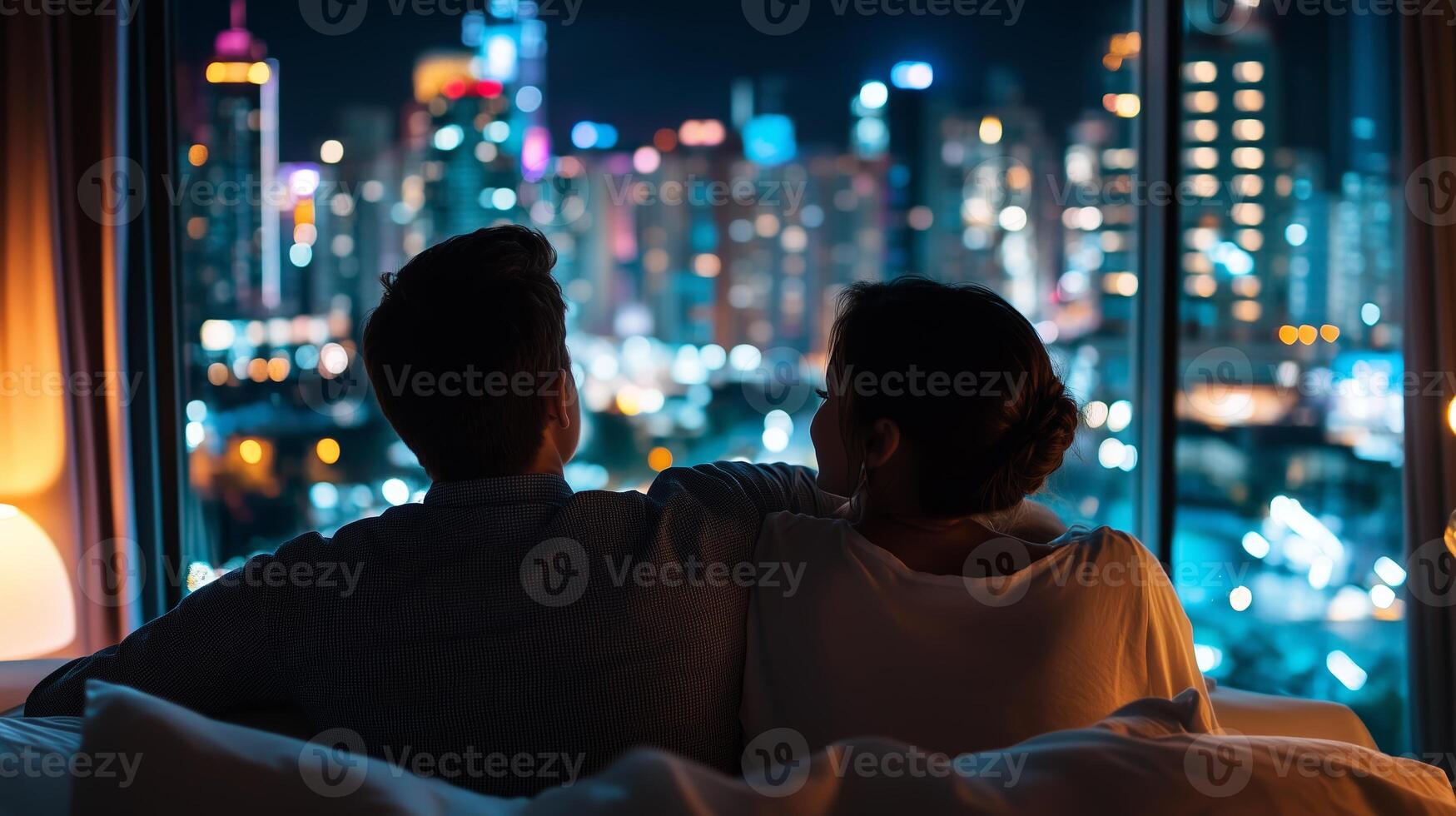 Couple enjoying a cozy evening with a city skyline view from their apartment at night photo