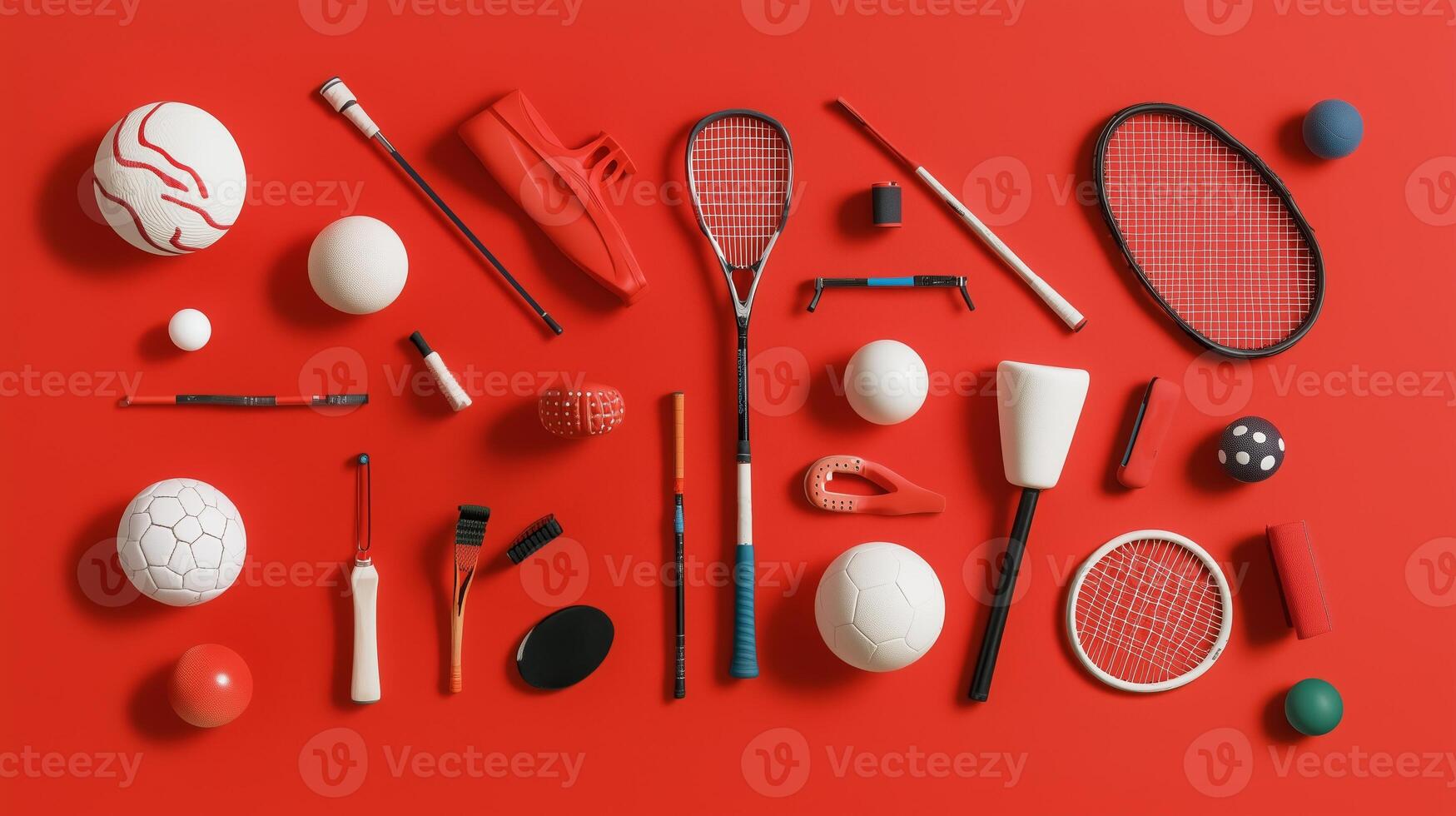 A vibrant arrangement of various sports equipment set against a red background showcasing diversity in athletic activities photo