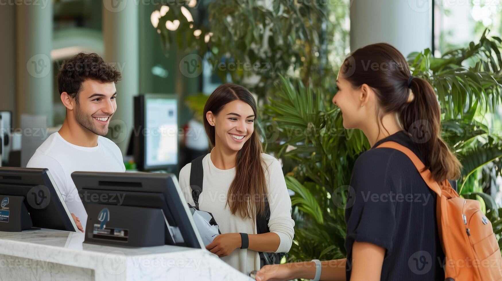 Young adults engaging with hotel reception staff, exchanging smiles and greetings in a tropical lobby setting photo
