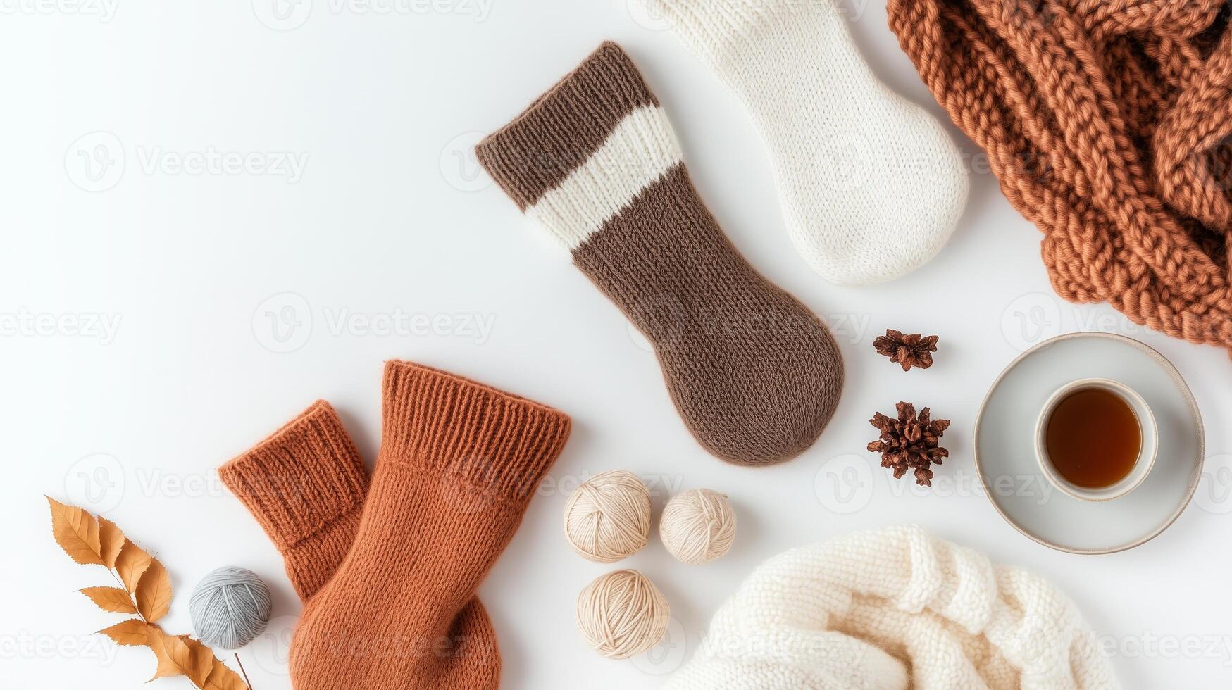 Cozy hand-knitted socks arranged with a warm drink and autumn leaves on a light surface for a homely atmosphere photo