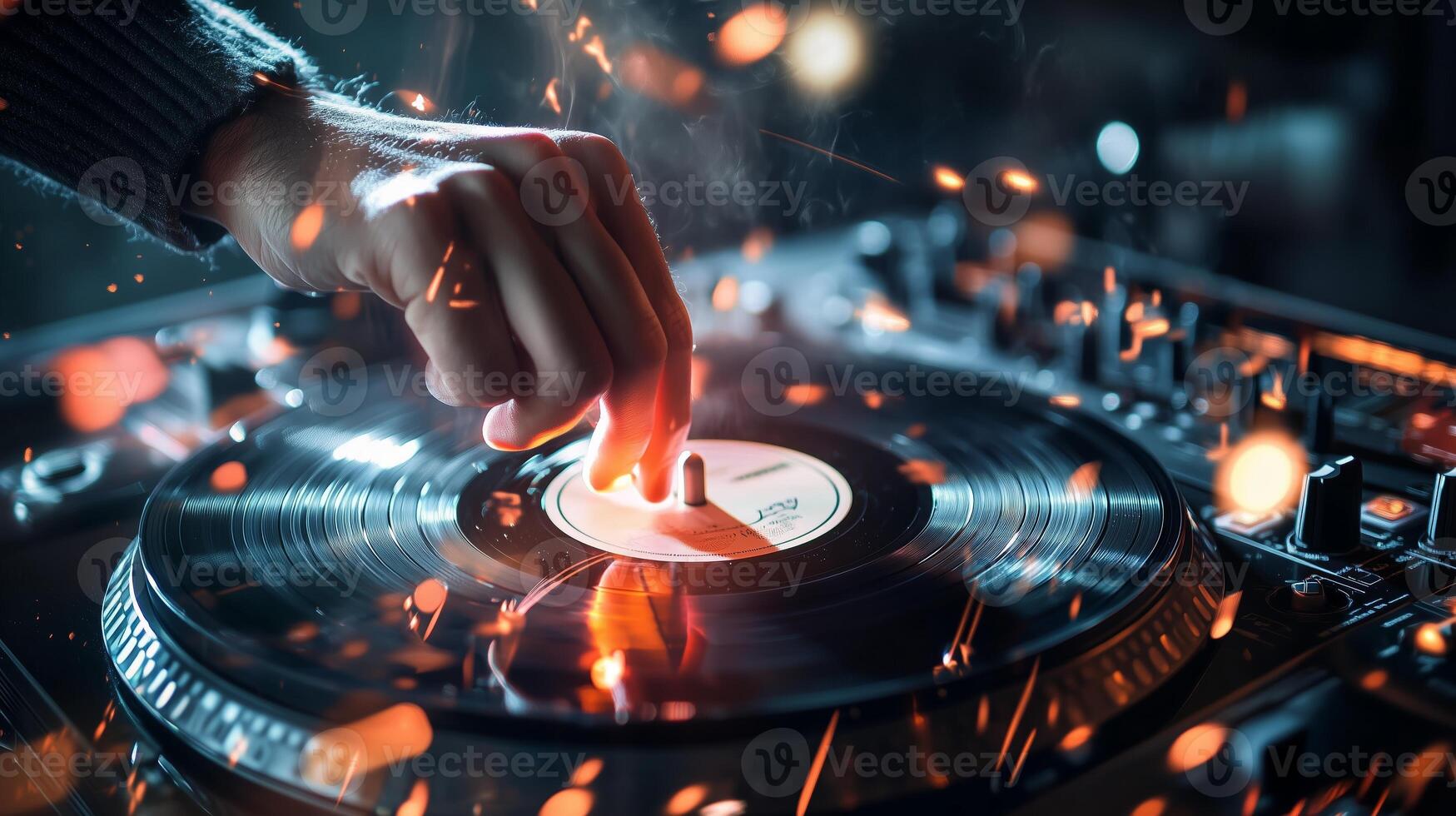 A DJ skillfully manipulates a vinyl record on a turntable during a vibrant night event filled with energy and music photo