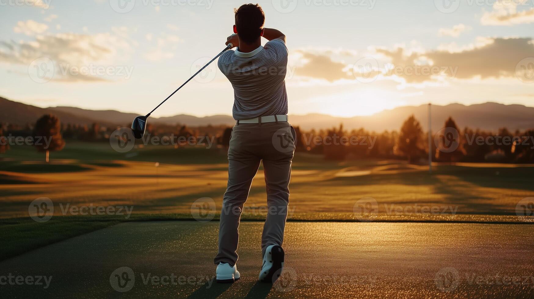 Golfer practicing swing at twilight on an open golf course during a serene sunset in the early evening photo