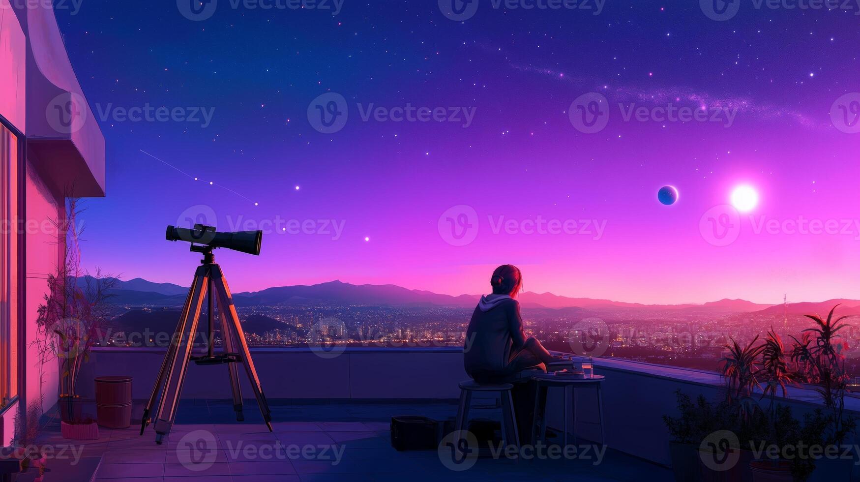 A stargazer enjoying a serene evening on a rooftop, observing celestial bodies with a telescope in a vibrant twilight sky photo