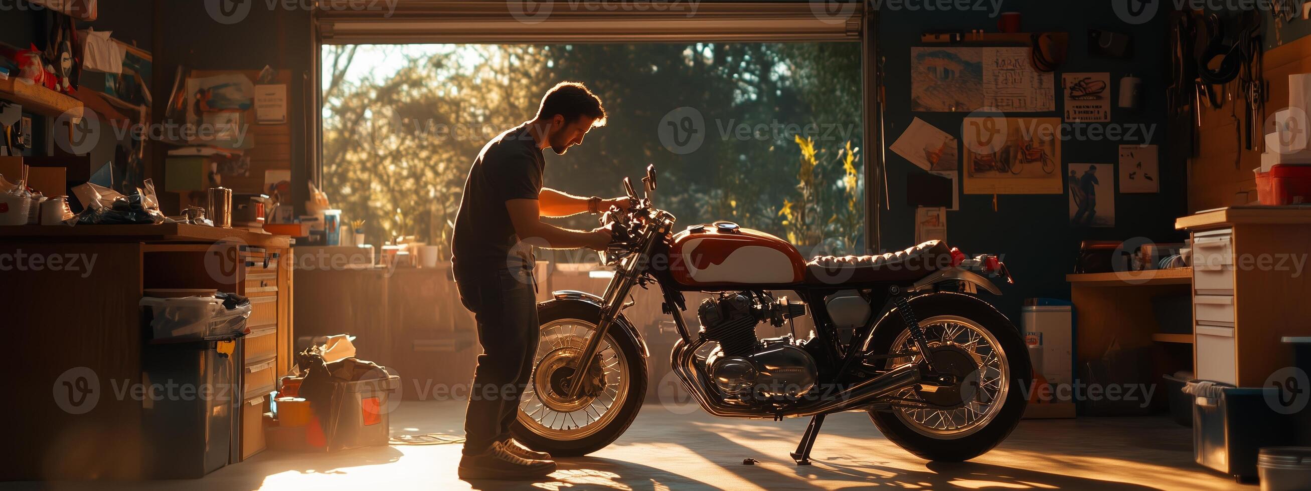 A man working on a classic motorcycle in a sunlit garage, surrounded by tools and creative memorabilia in the late afternoon photo
