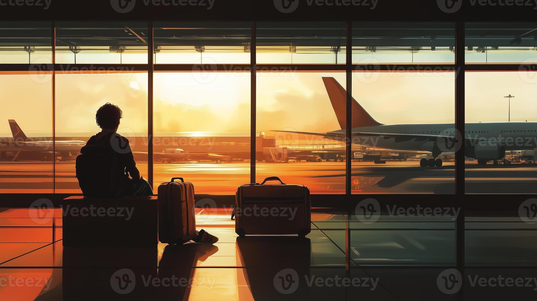A traveler waits at the airport during sunset, surrounded by luggage and a view of planes on the tarmac photo
