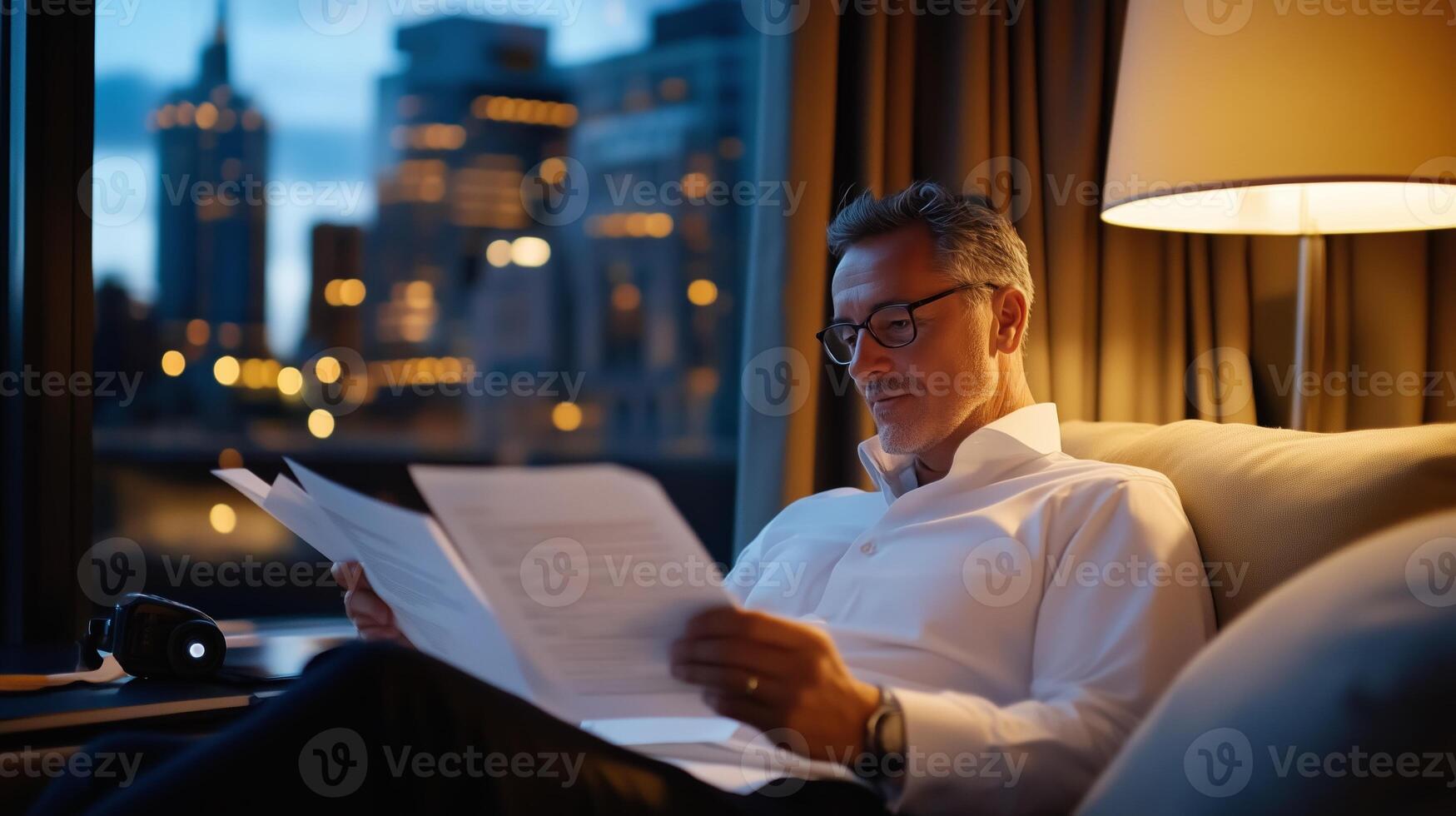 A man reading documents while sitting in a cozy living room overlooking a city skyline at twilight photo