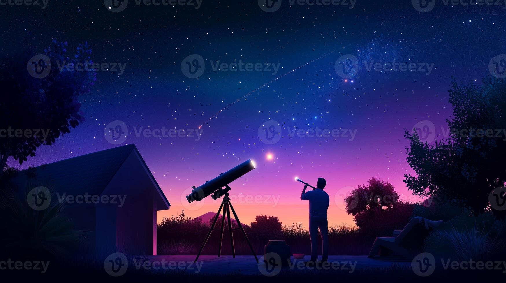 Stargazing at twilight with a telescope in a tranquil rural setting photo