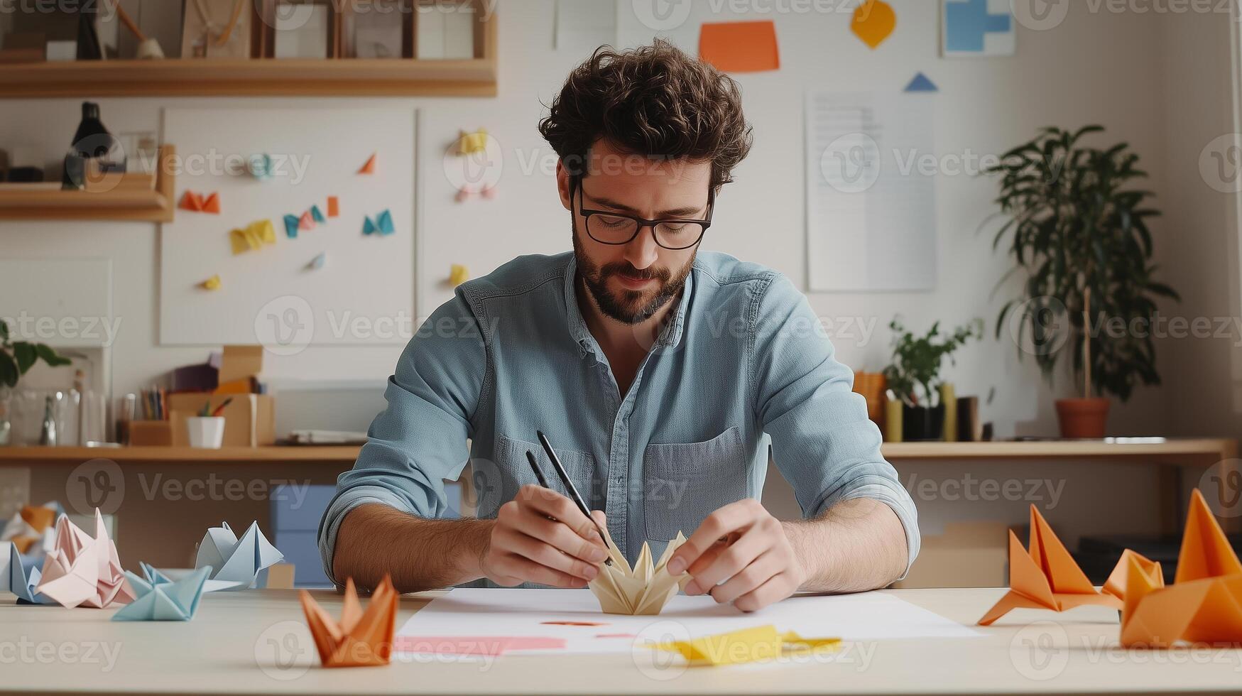 Man creating intricate origami art in a well-lit workspace filled with colorful paper and artistic supplies photo