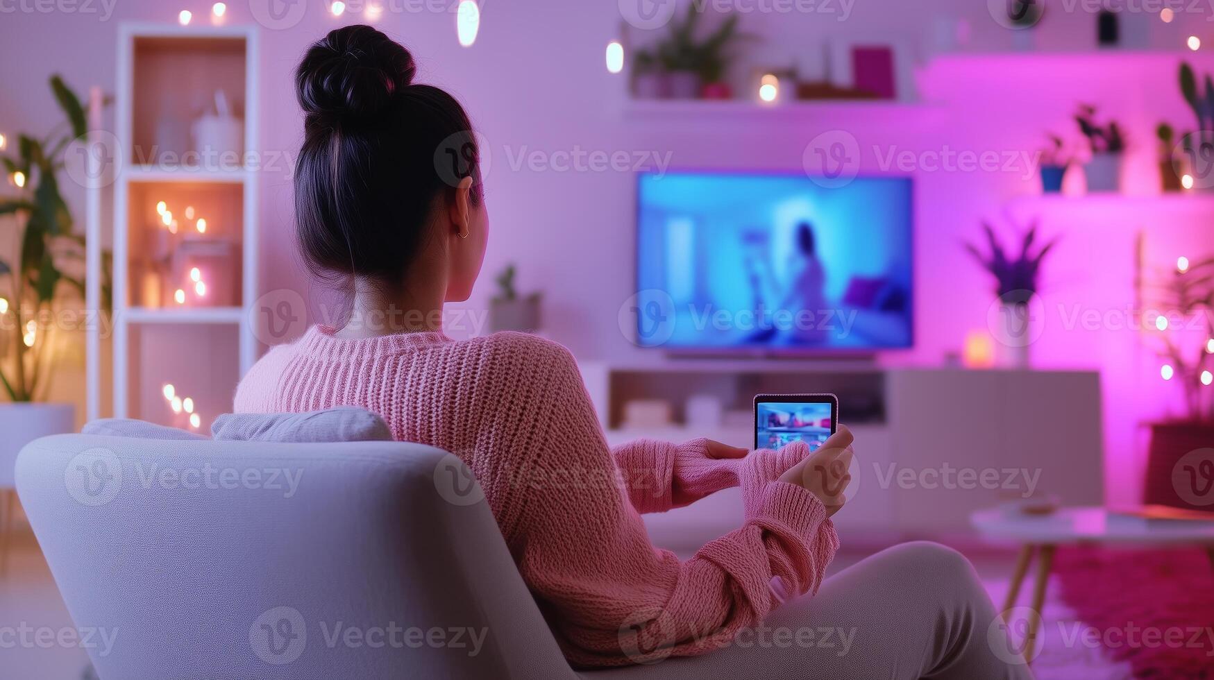 Cozy evening at home with a woman relaxing on a couch and enjoying a show on a television in soft purple lighting photo
