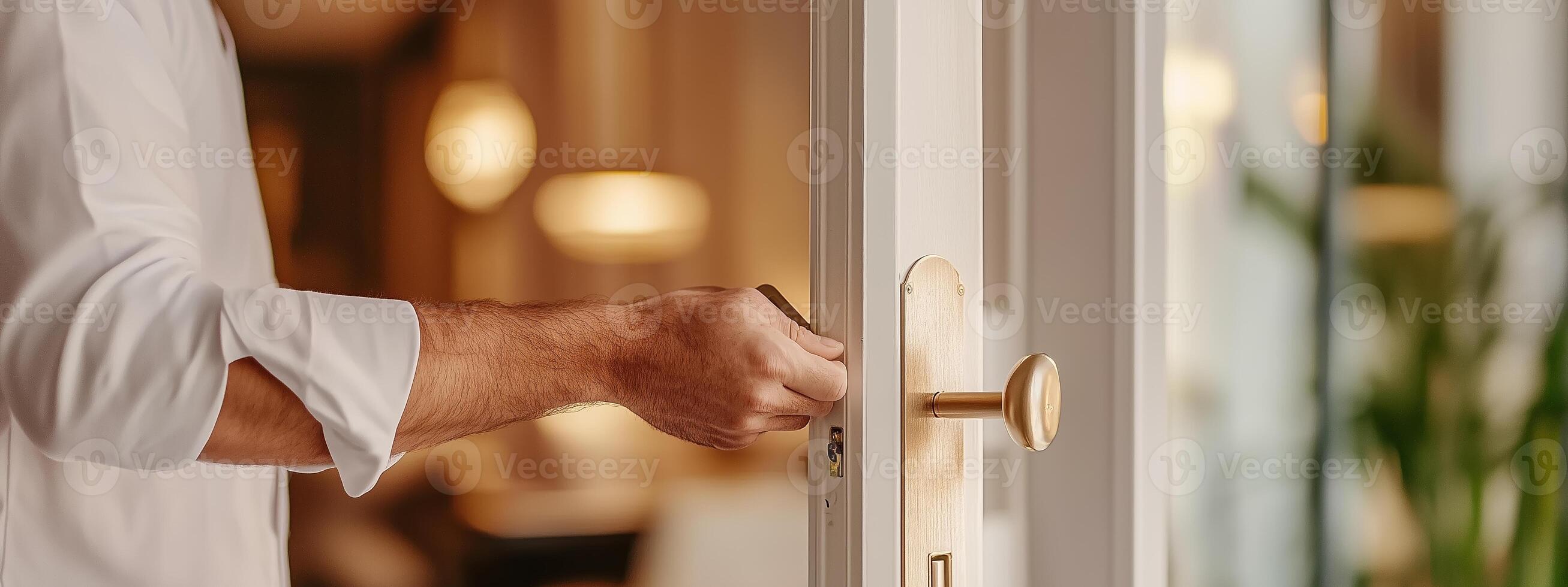 A person opening a modern door in a stylish indoor setting with soft lighting and decorative elements photo