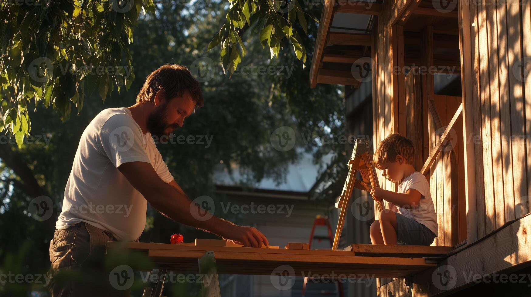 Father and son working together on a treehouse structure during golden hour in a peaceful backyard setting photo