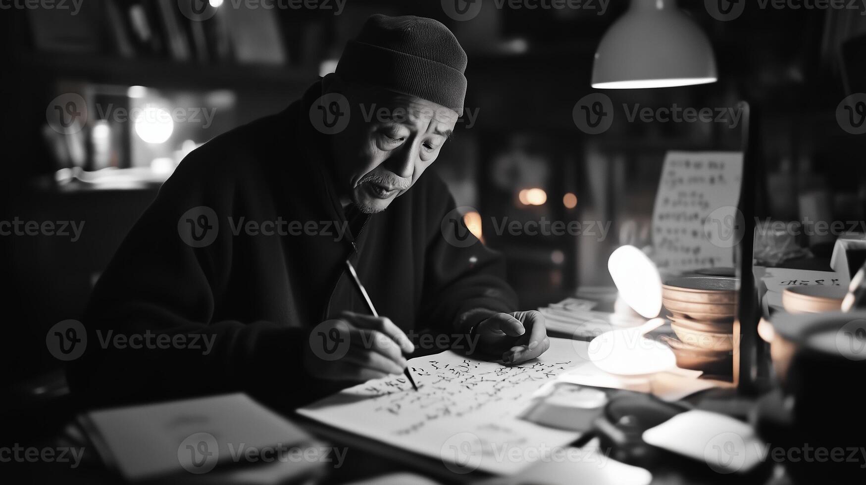 Elderly man writing calligraphy in a dimly lit room, surrounded by books and warm light photo