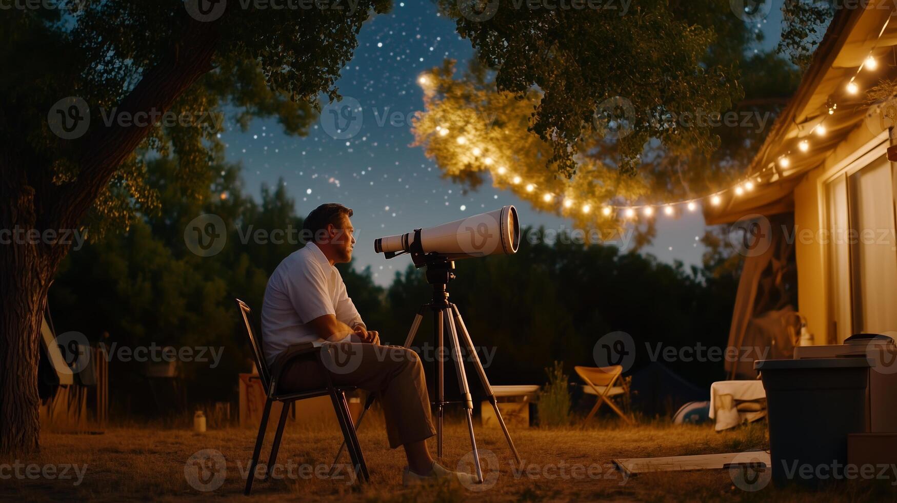 Man sitting outside at night gazing through a telescope under a starry sky with string lights illuminating a cozy backyard photo