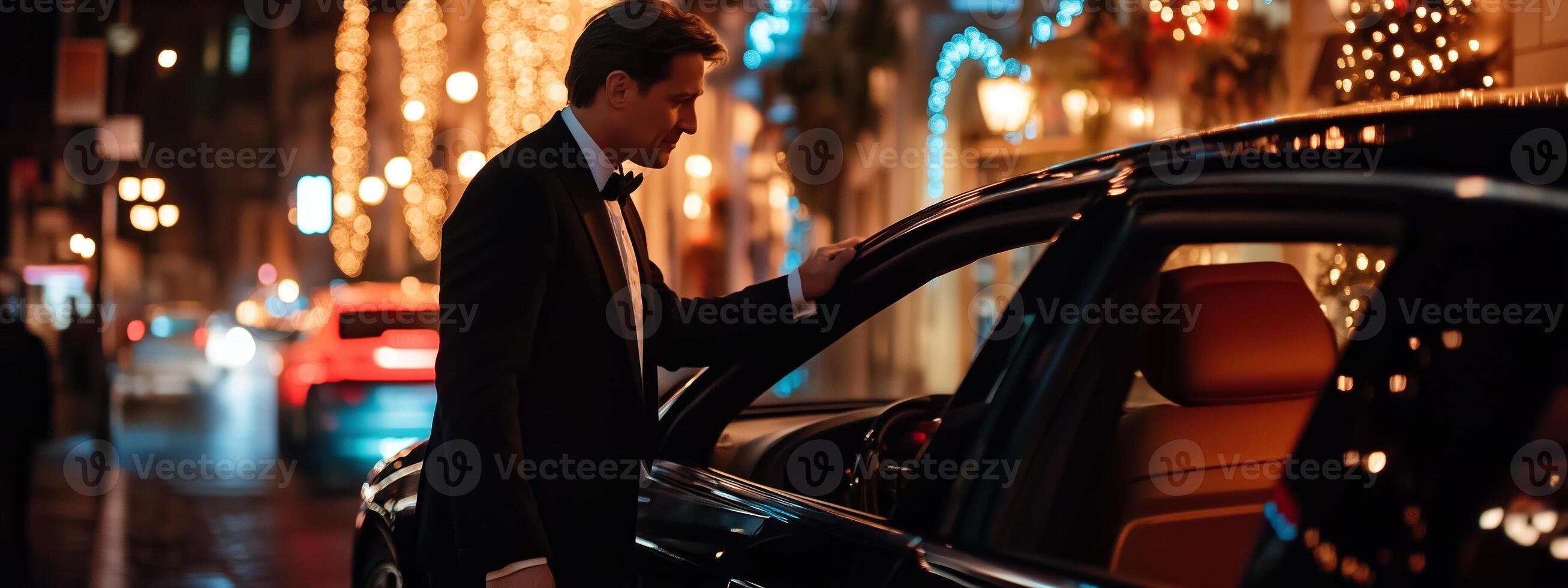 A well-dressed man in a tuxedo opens a car door on a festive street illuminated by holiday lights during nighttime photo