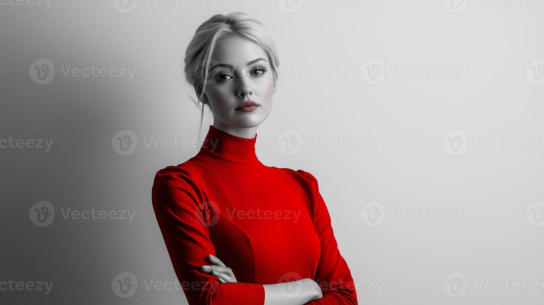 A woman in a red turtleneck top stands confidently against a black and white backdrop with her arms crossed photo