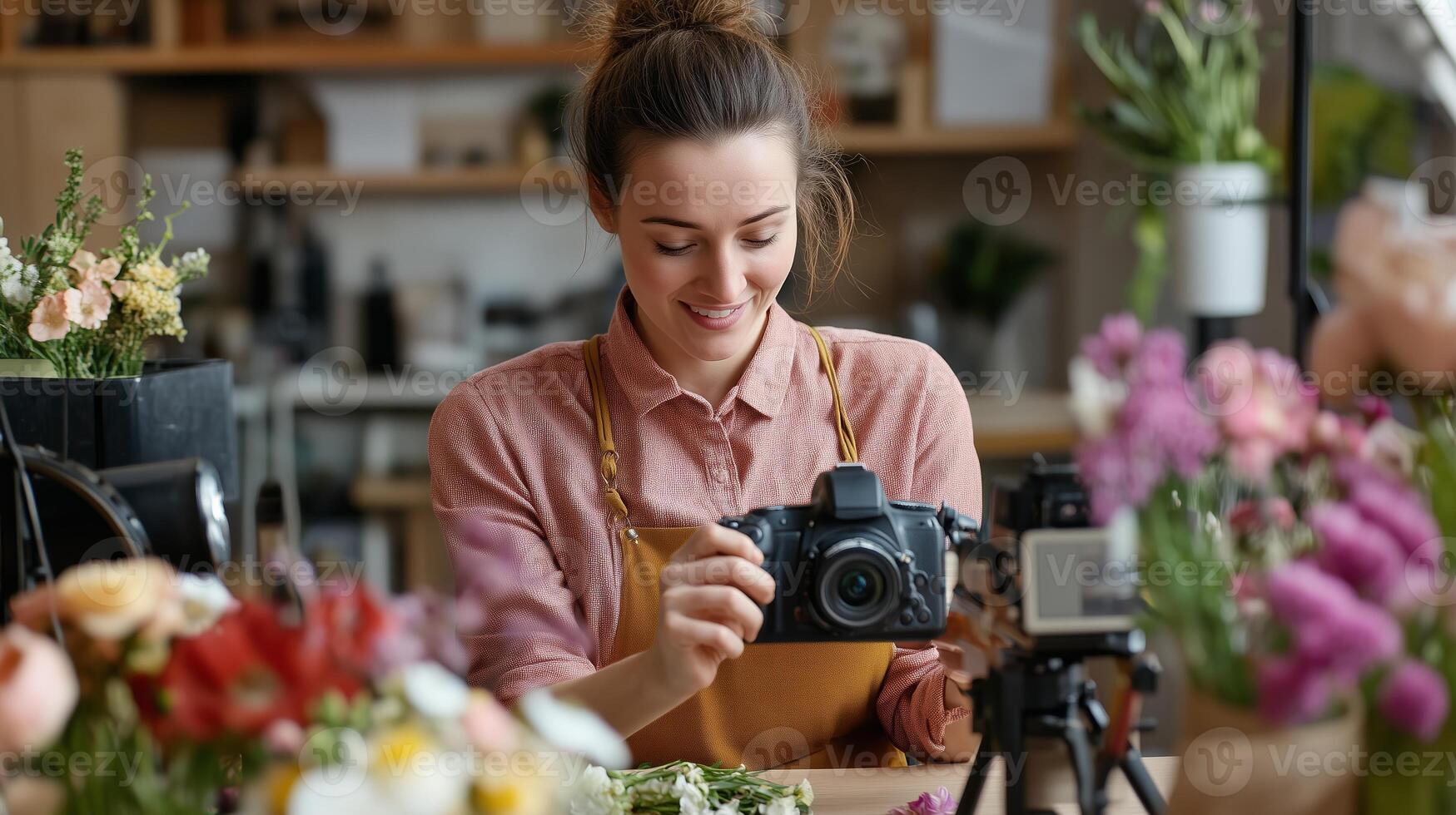 A young woman photographing fresh flowers in a bright floral shop during the day, showcasing her love for nature and photography photo