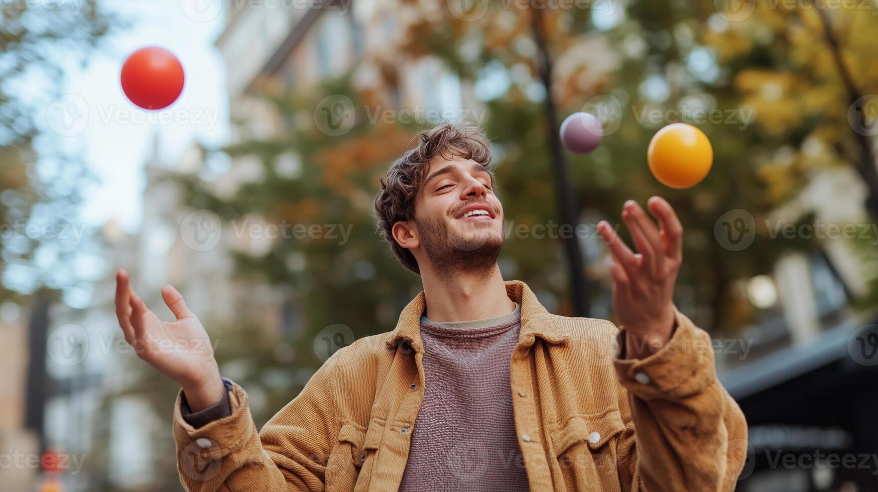A young man joyfully juggling colorful balls outdoors in an urban park during a sunny autumn afternoon photo