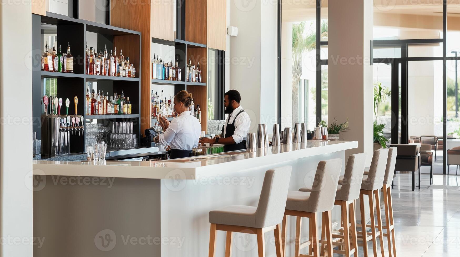 Bartenders preparing drinks at a modern hotel bar in a spacious open area featuring stylish decor and ample natural light photo