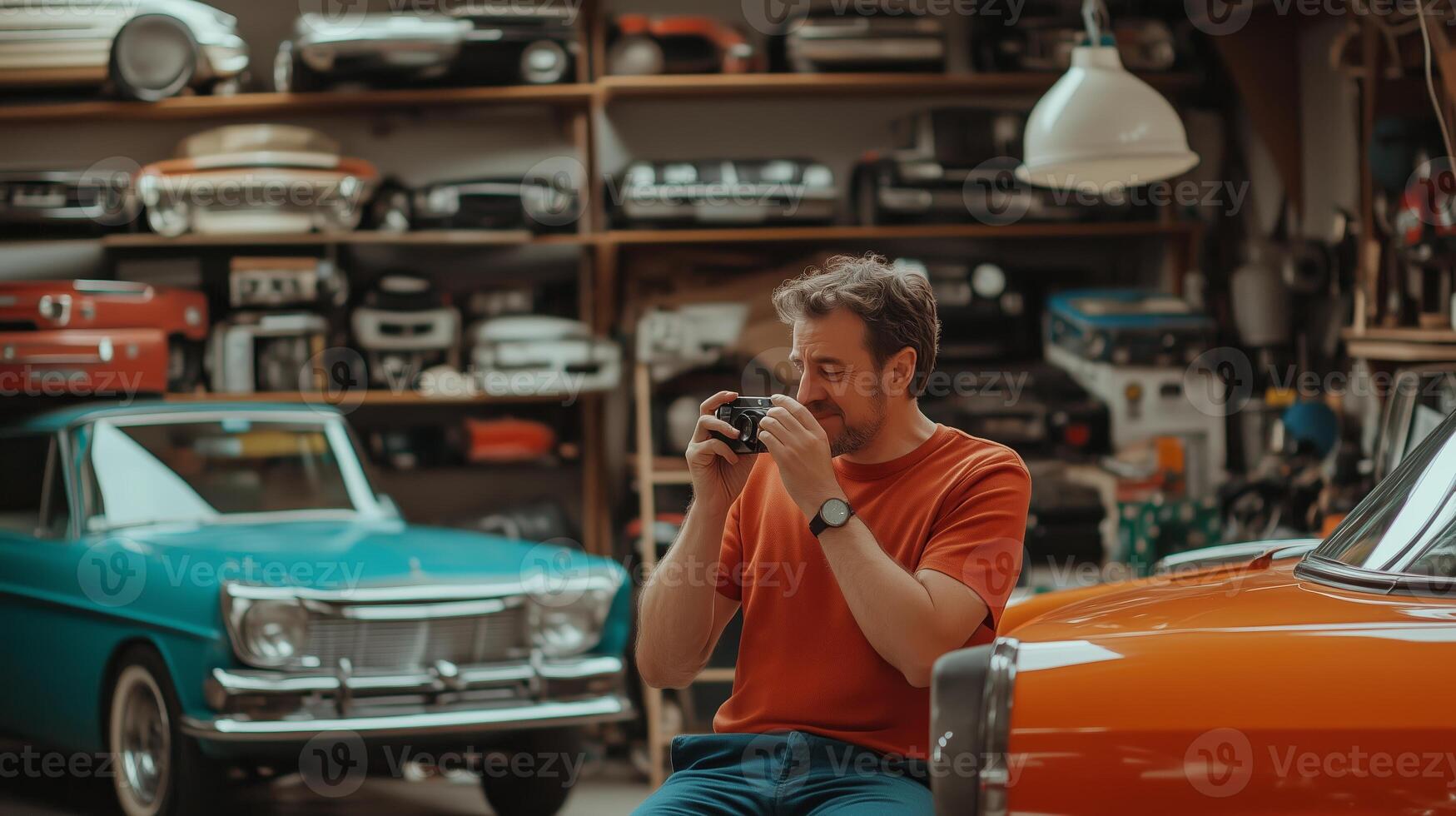 A man enjoys capturing moments with a vintage camera in a garage filled with classic cars and nostalgic memorabilia photo