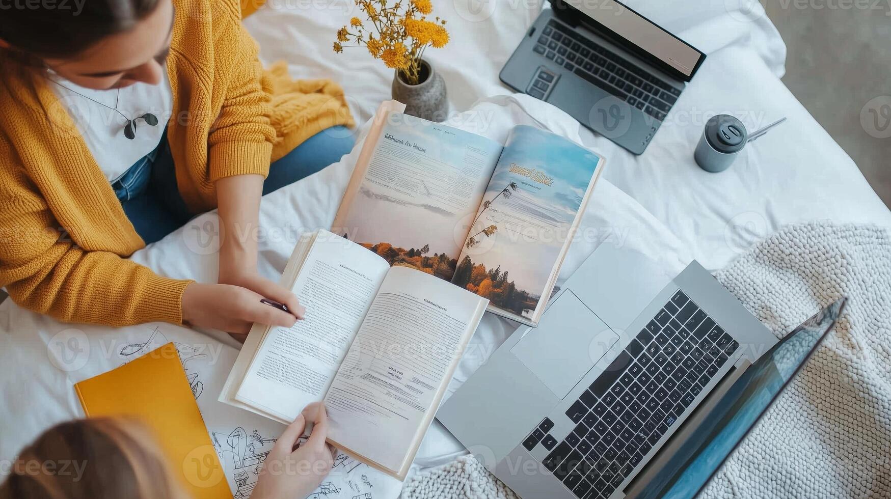 Two individuals studying together indoors, surrounded by books, laptops, and notebooks on a cozy white bed with natural lighting photo