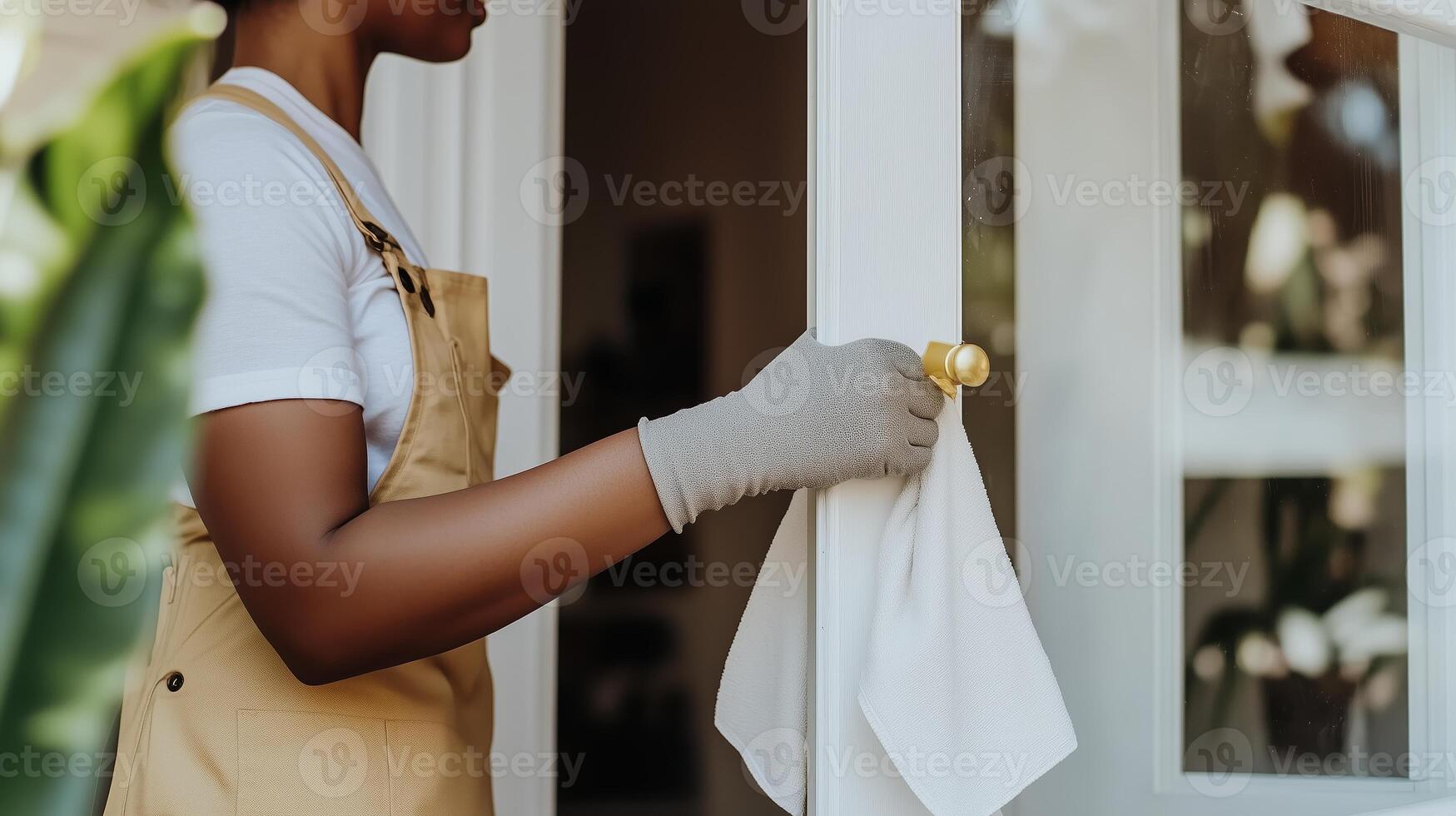 A person in gloves cleans a door handle in a sunlit home, emphasizing cleanliness and hygiene during daily chores photo