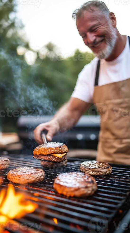An enthusiastic man grills delicious burgers over an open flame during a summer barbecue gathering in a backyard setting photo