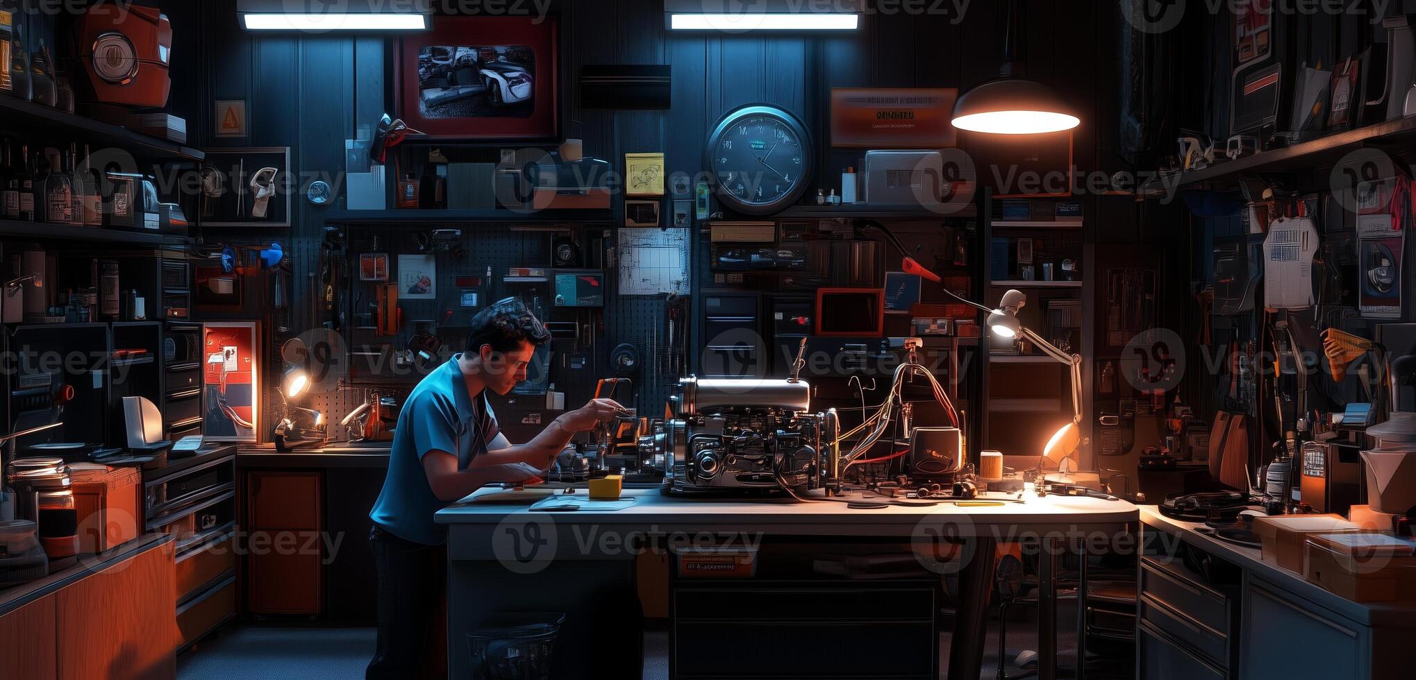 A mechanic repairs a classic car in a cluttered workshop filled with tools and vintage memorabilia, capturing a moment of craftsmanship and dedication photo
