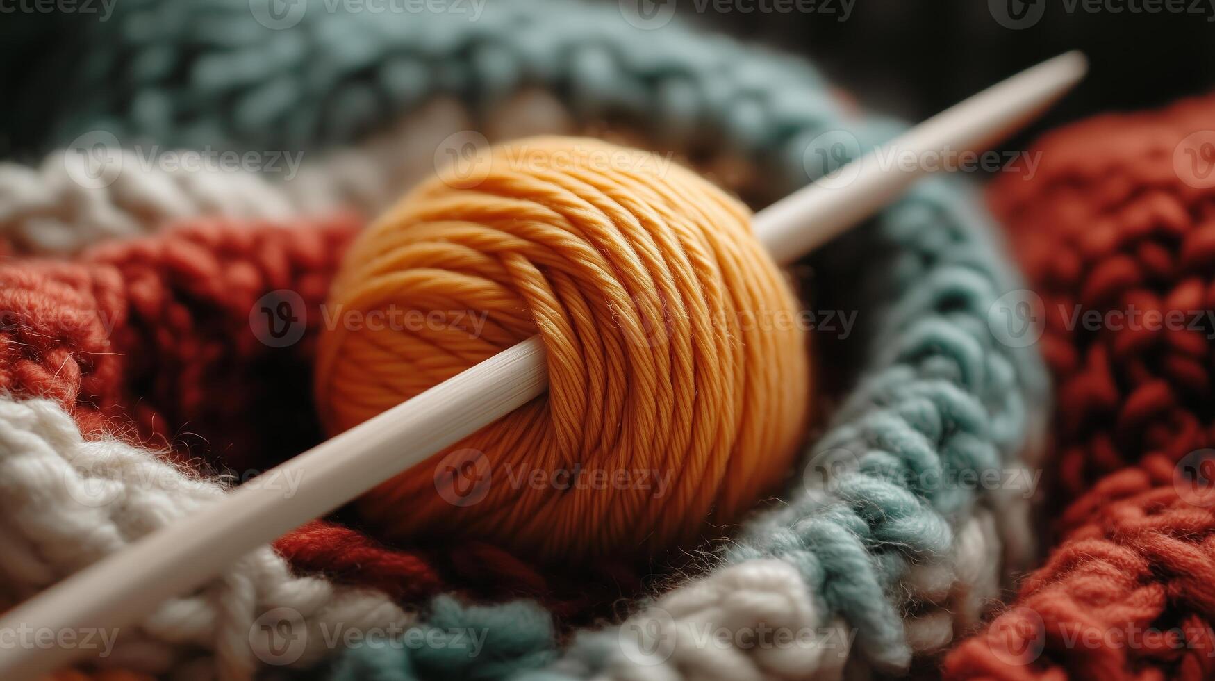 A vibrant yellow yarn ball rests on a colorful knitted blanket with a wooden knitting needle poised to start a new project indoors photo