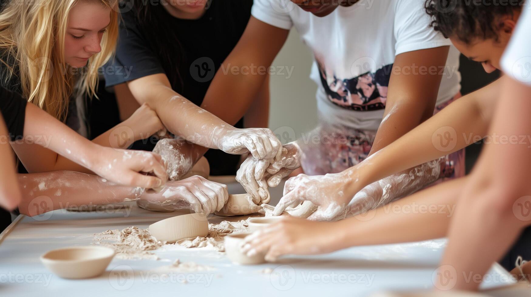 People engaged in pottery making at a creative workshop during the afternoon at a bright, airy studio photo
