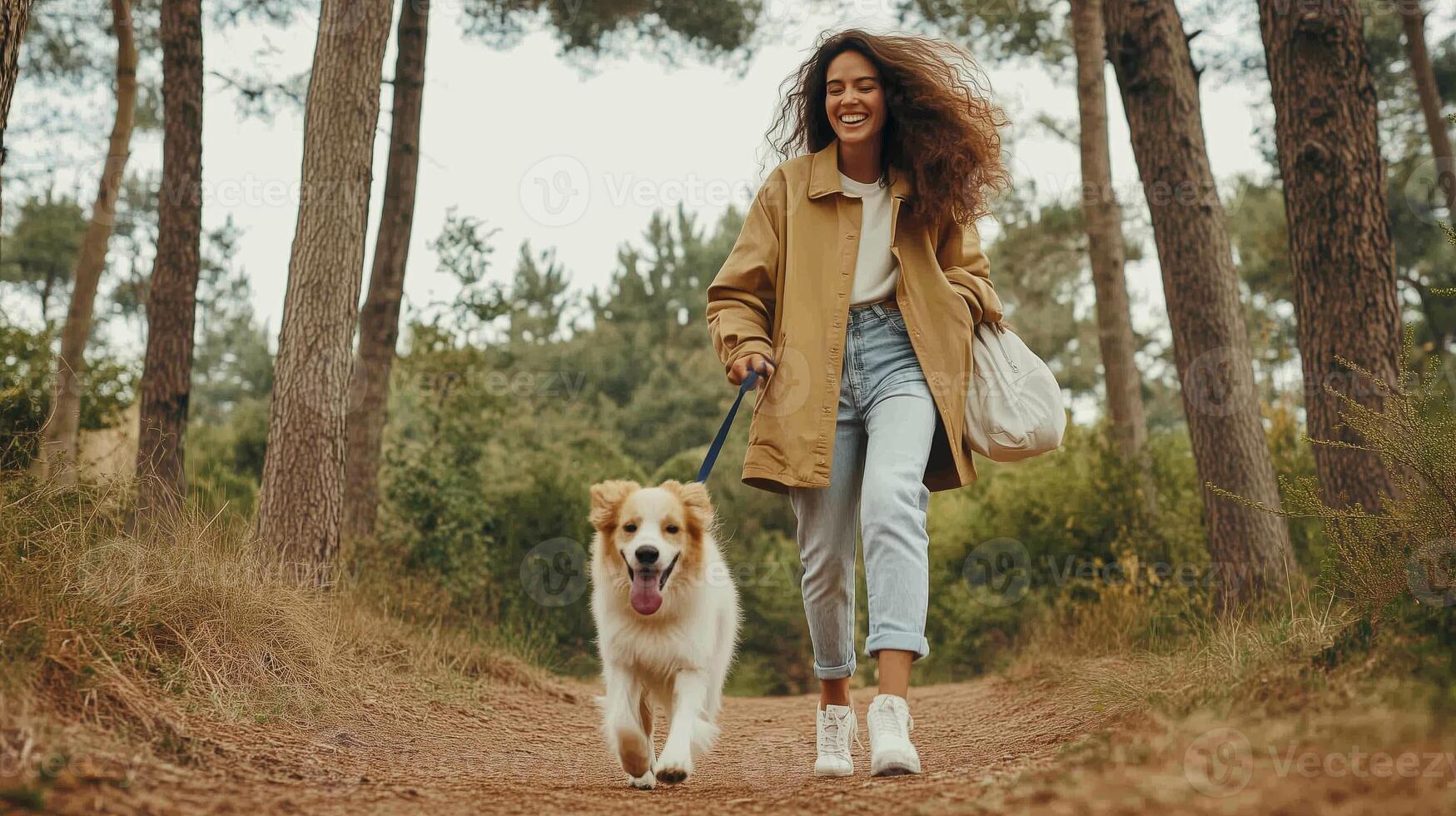 A joyful woman walking her dog along a forest trail on a sunny day, enjoying nature in the early afternoon light photo