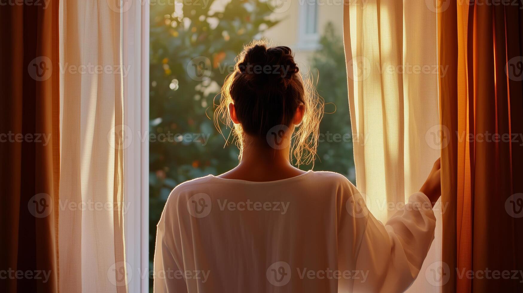 A woman gazes out the window at sunrise, surrounded by warm curtains in a serene morning atmosphere photo