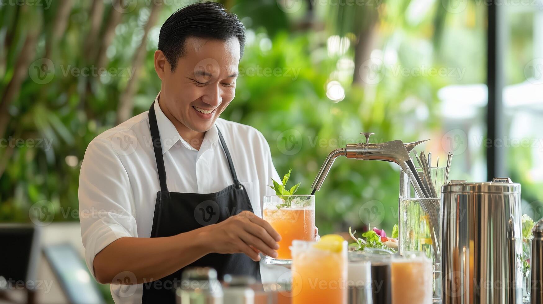 Bartender preparing refreshing cocktails at a vibrant bar during a sunny afternoon in a tropical setting photo