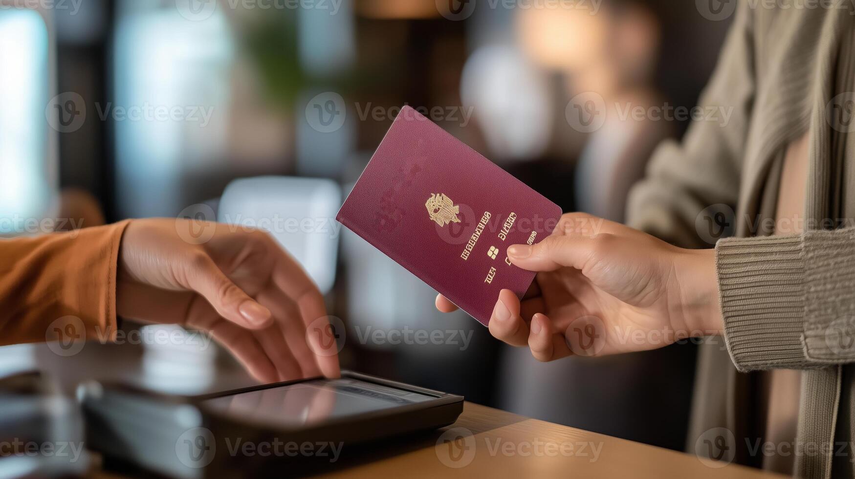 A traveler checks in at a hotel with a passport at the reception desk during the daytime photo