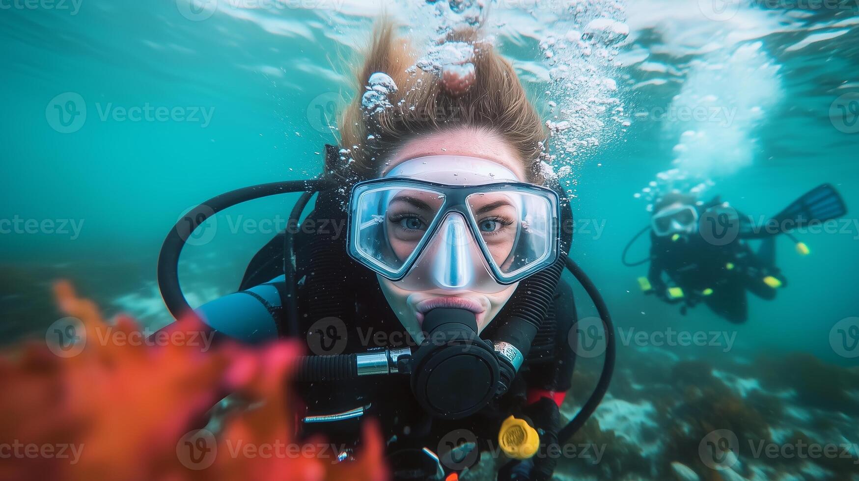 Diving adventure in vibrant coral reefs with explorers observing marine life in clear turquoise waters photo