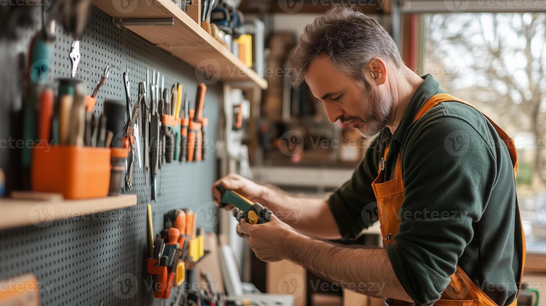 Craftsman working diligently in his workshop, organizing tools and preparing his workspace for a new project in the afternoon light photo
