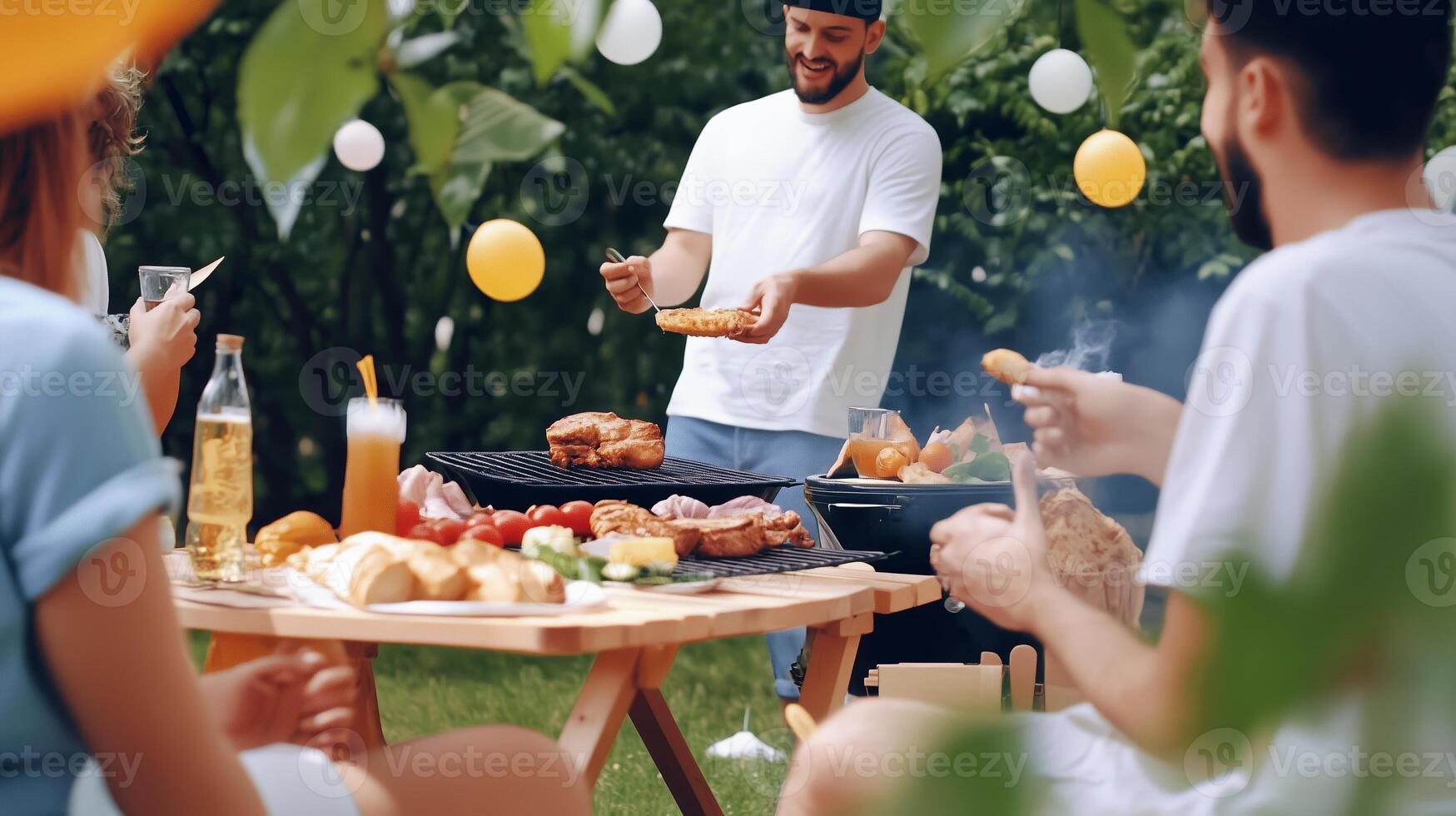 Outdoor barbecue gathering with friends enjoying grilled food and drinks in a garden during summer afternoon photo