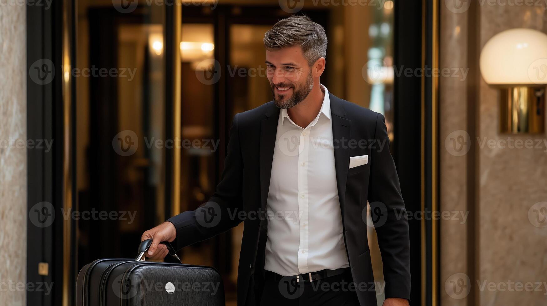 A well-dressed man with a suitcase smiles as he enters a luxurious hotel lobby in the evening photo