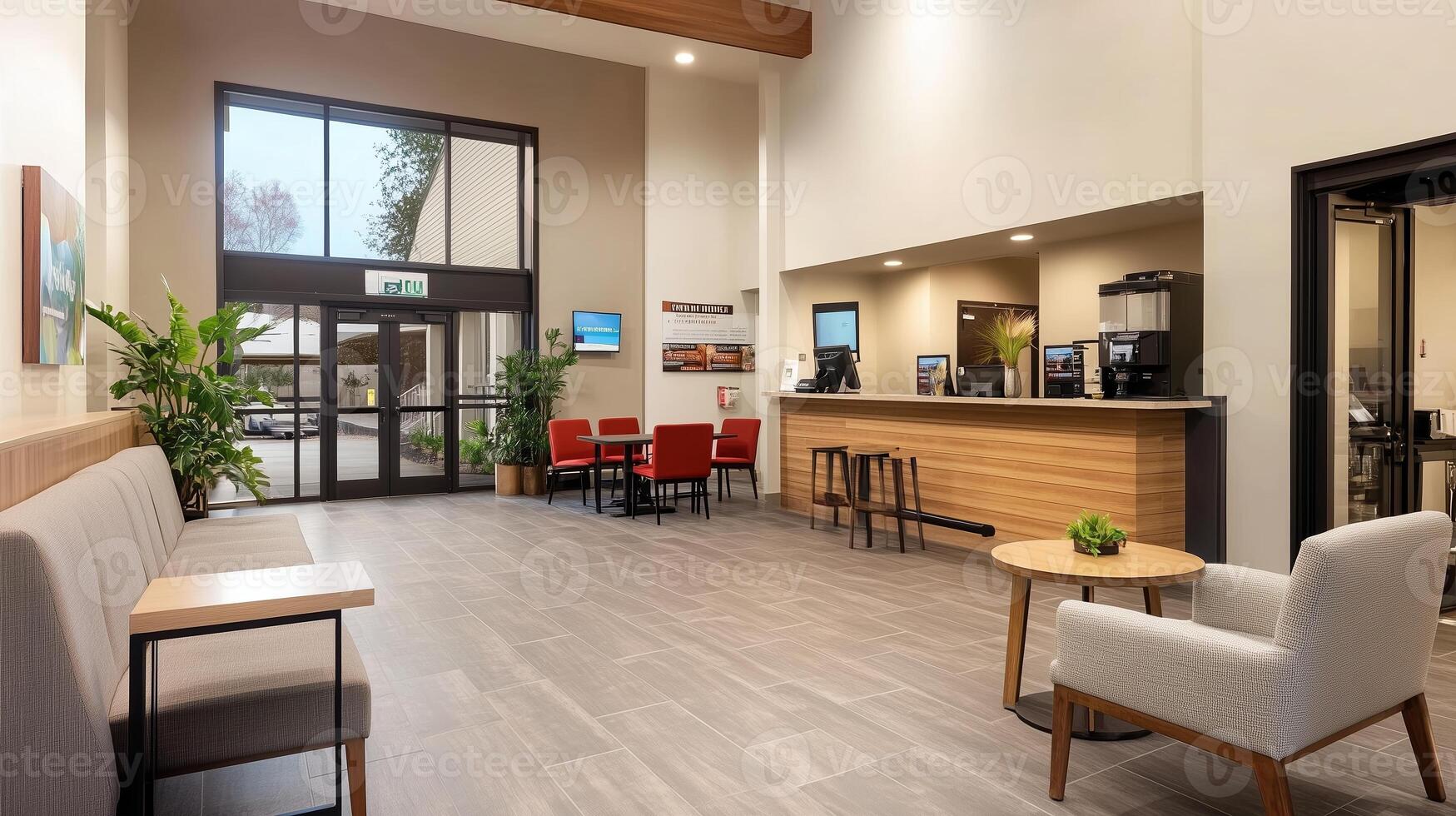 Modern lobby interior design featuring seating arrangements and a reception desk in a well-lit space during daylight hours photo