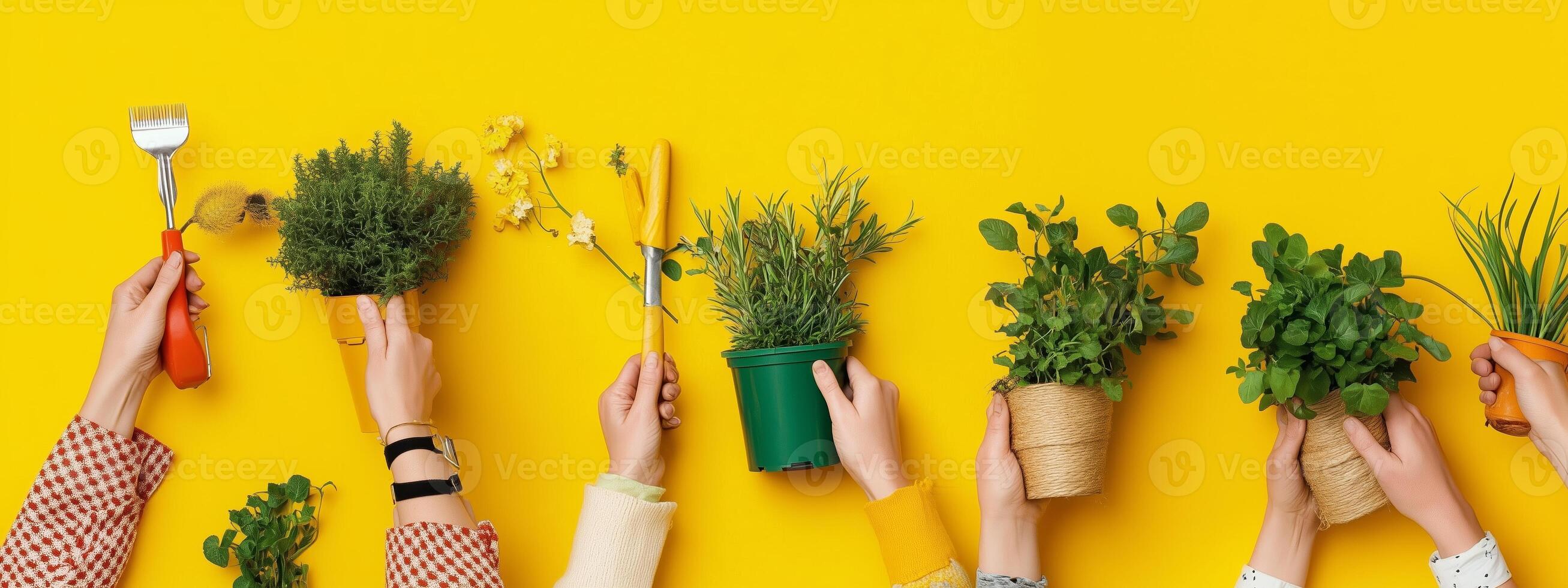 Hands tending to various potted plants against a vibrant yellow backdrop during a gardening activity photo