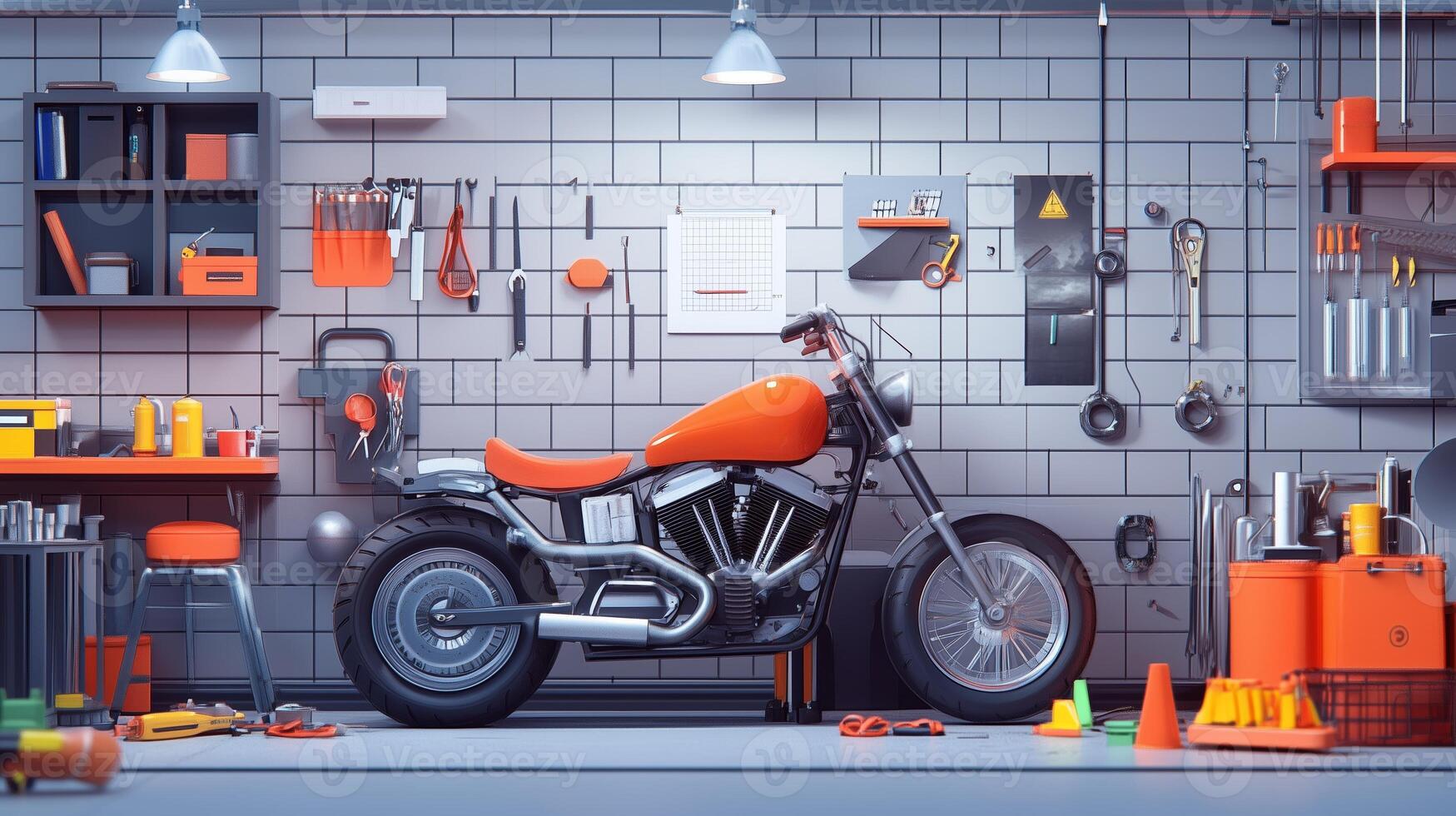 Bright orange motorcycle in a well-organized garage filled with tools and equipment during the daytime photo