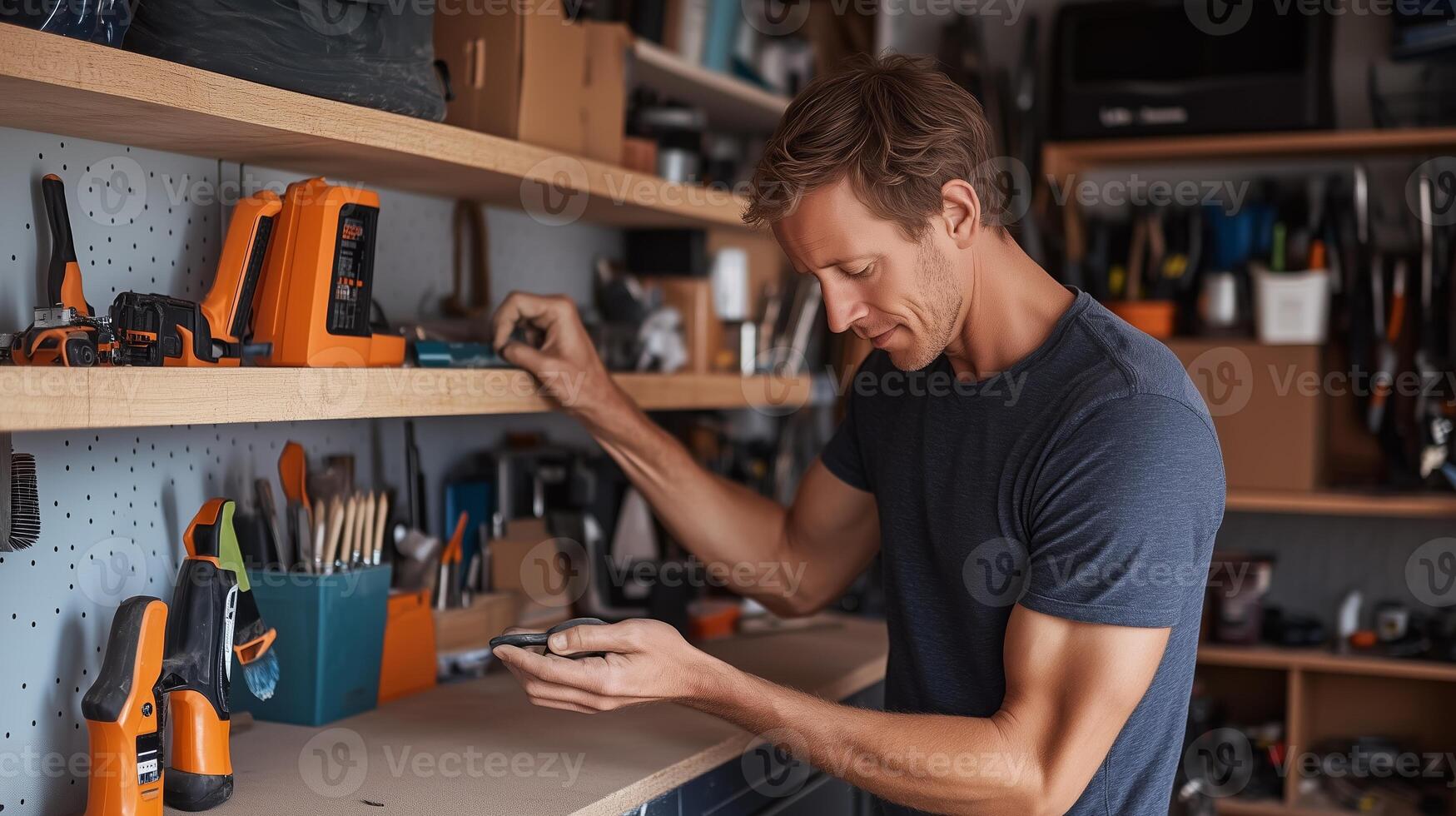 A man organizing tools and supplies in a home workshop during the afternoon, focused on an electronic device in hand photo