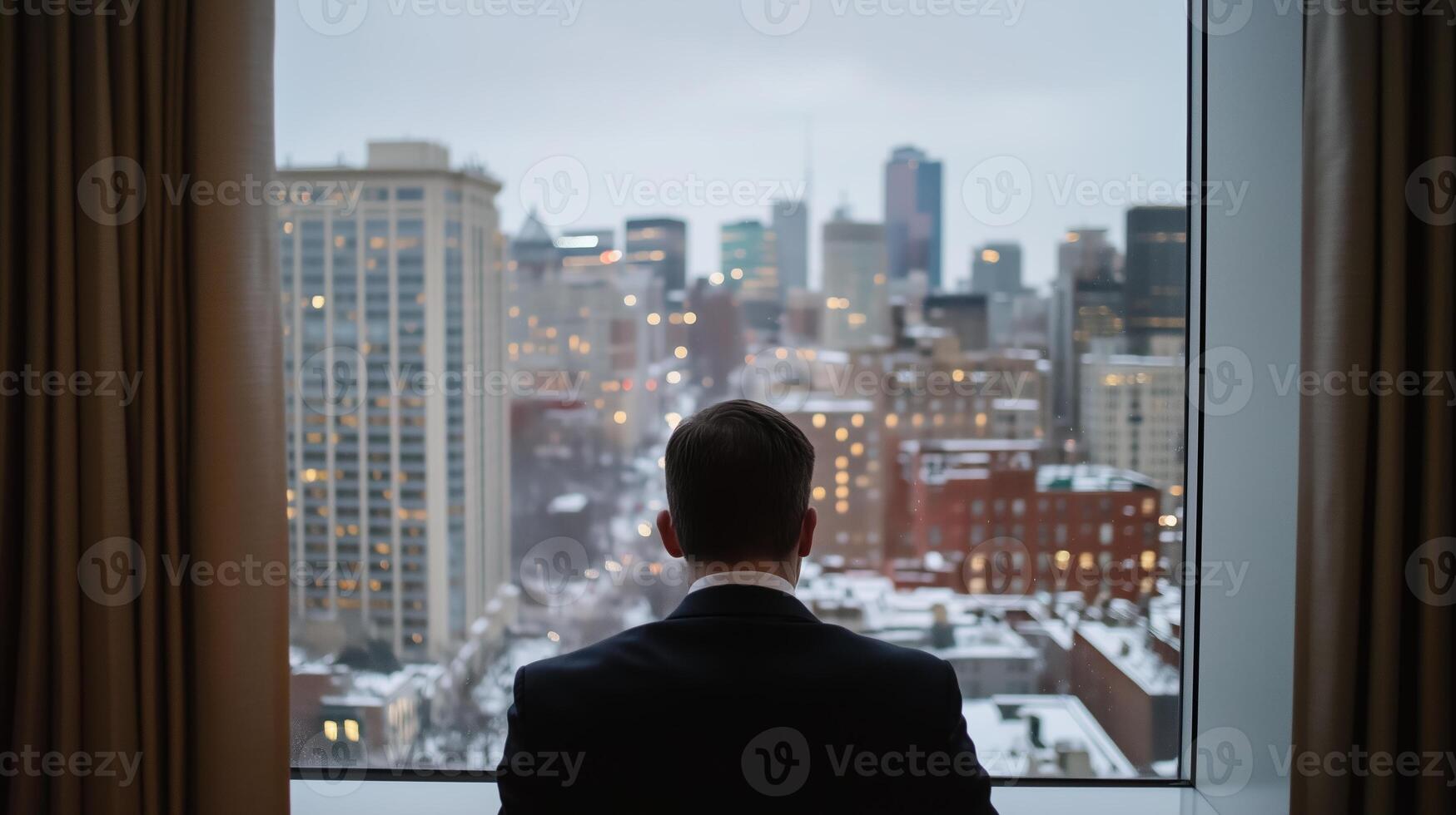 A businessman gazes at a snowy cityscape from a hotel room, contemplating opportunities in a bustling urban environment during winter photo