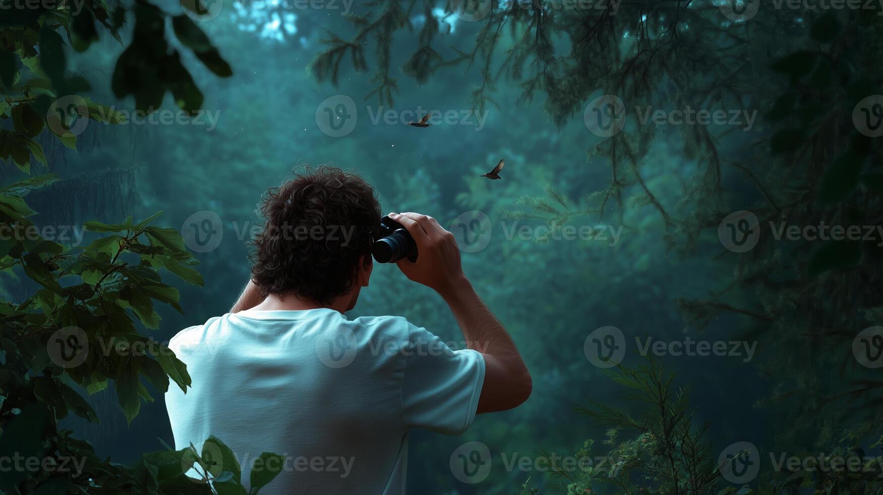 A man observing and photographing vibrant butterflies in a lush forest during early morning light photo