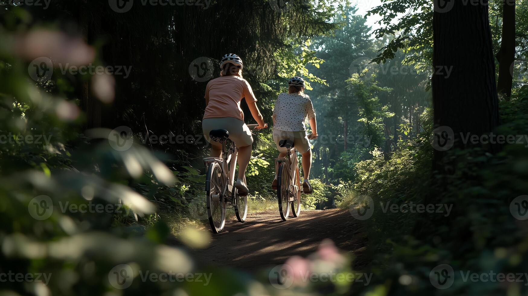 Two friends enjoying a leisurely bicycle ride through a serene forest trail during a sunny afternoon photo