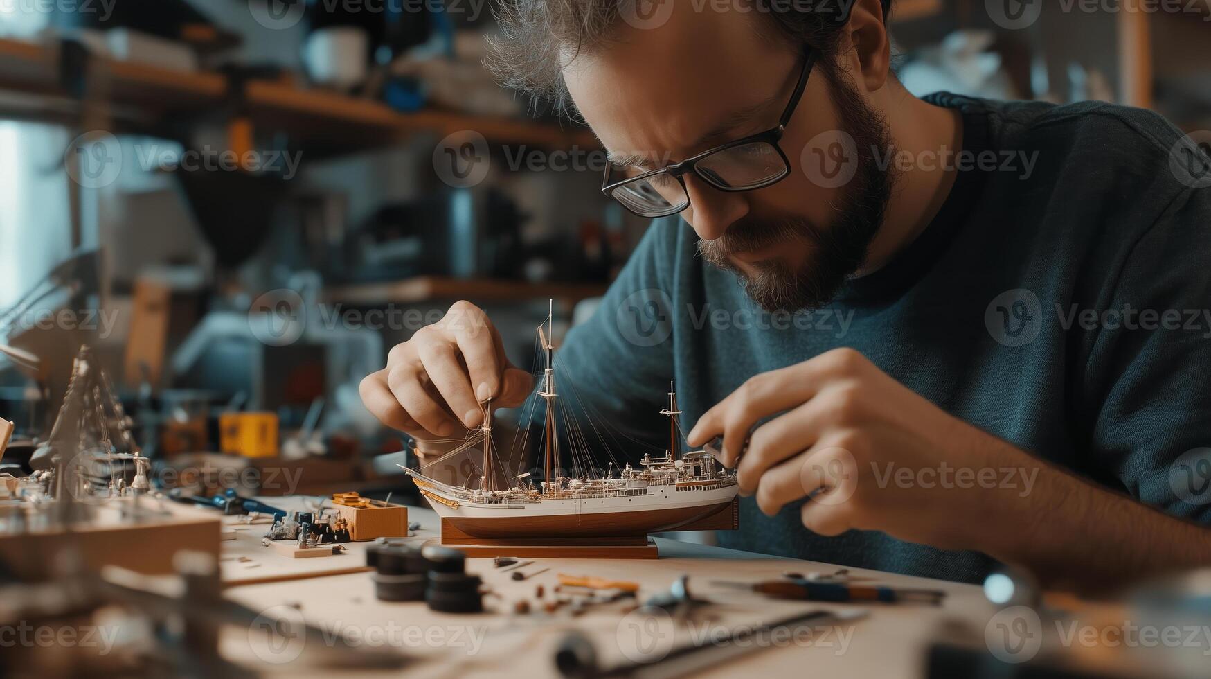 Craftsman carefully assembling a detailed ship model in a workshop surrounded by tools and materials during daylight hours photo