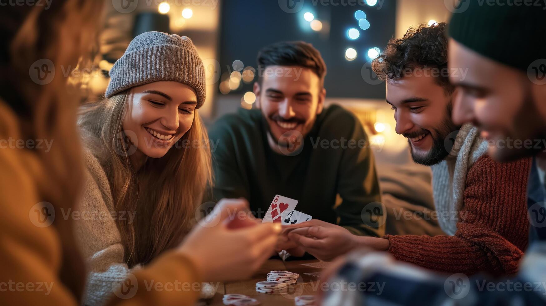 Friends enjoying a lively poker night indoors during winter with warm lighting and cozy atmosphere photo